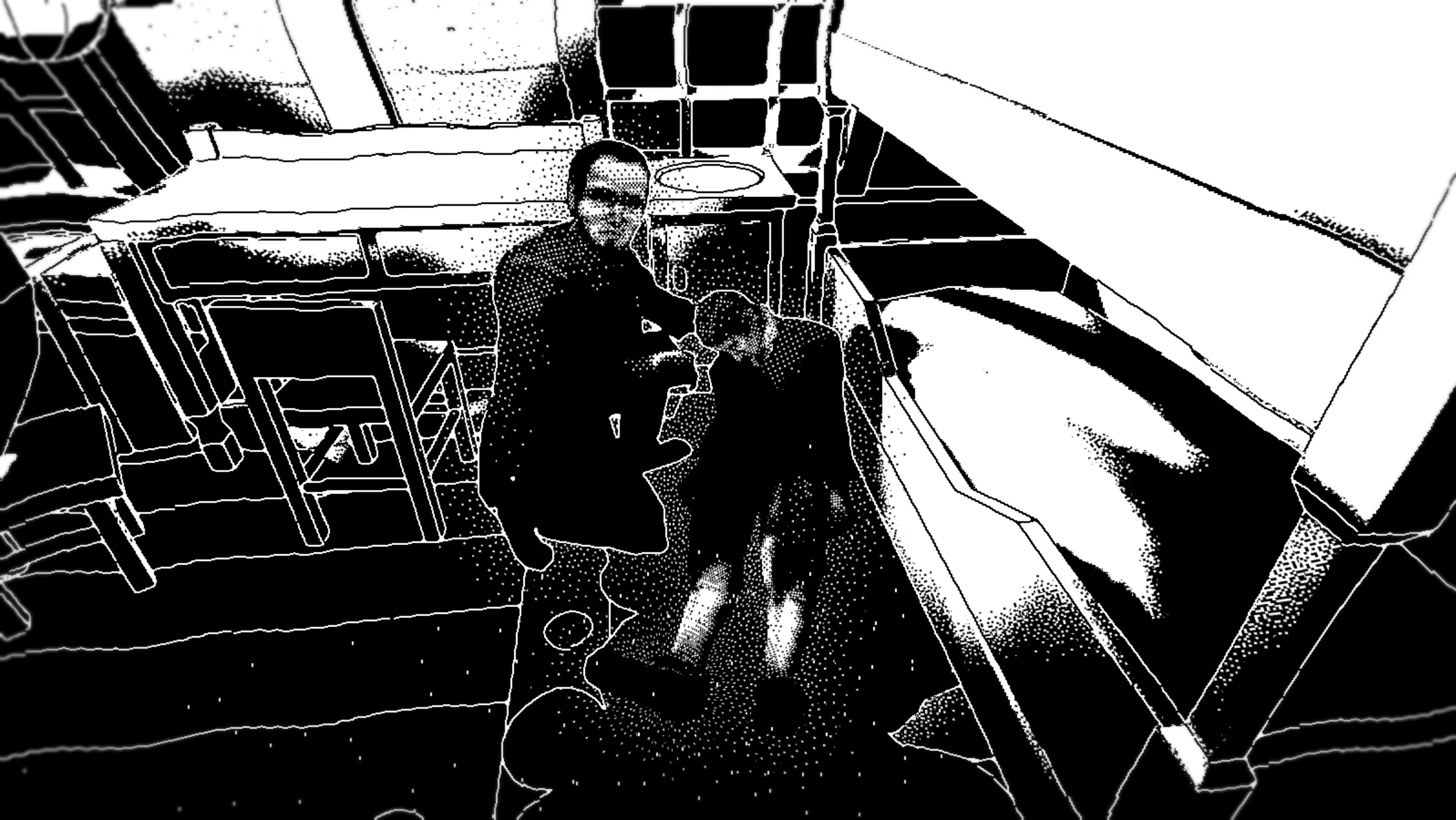 A dead man lying in a room, with another man kneeing beside him, rendered in 1-bit.