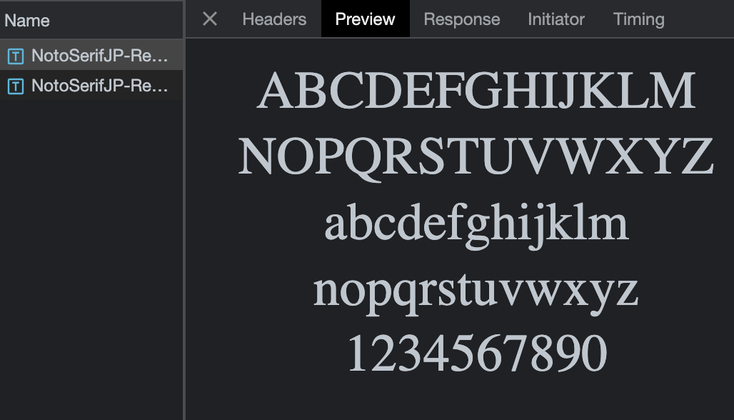 Font NotoSerifJP shows properly in dev tool.