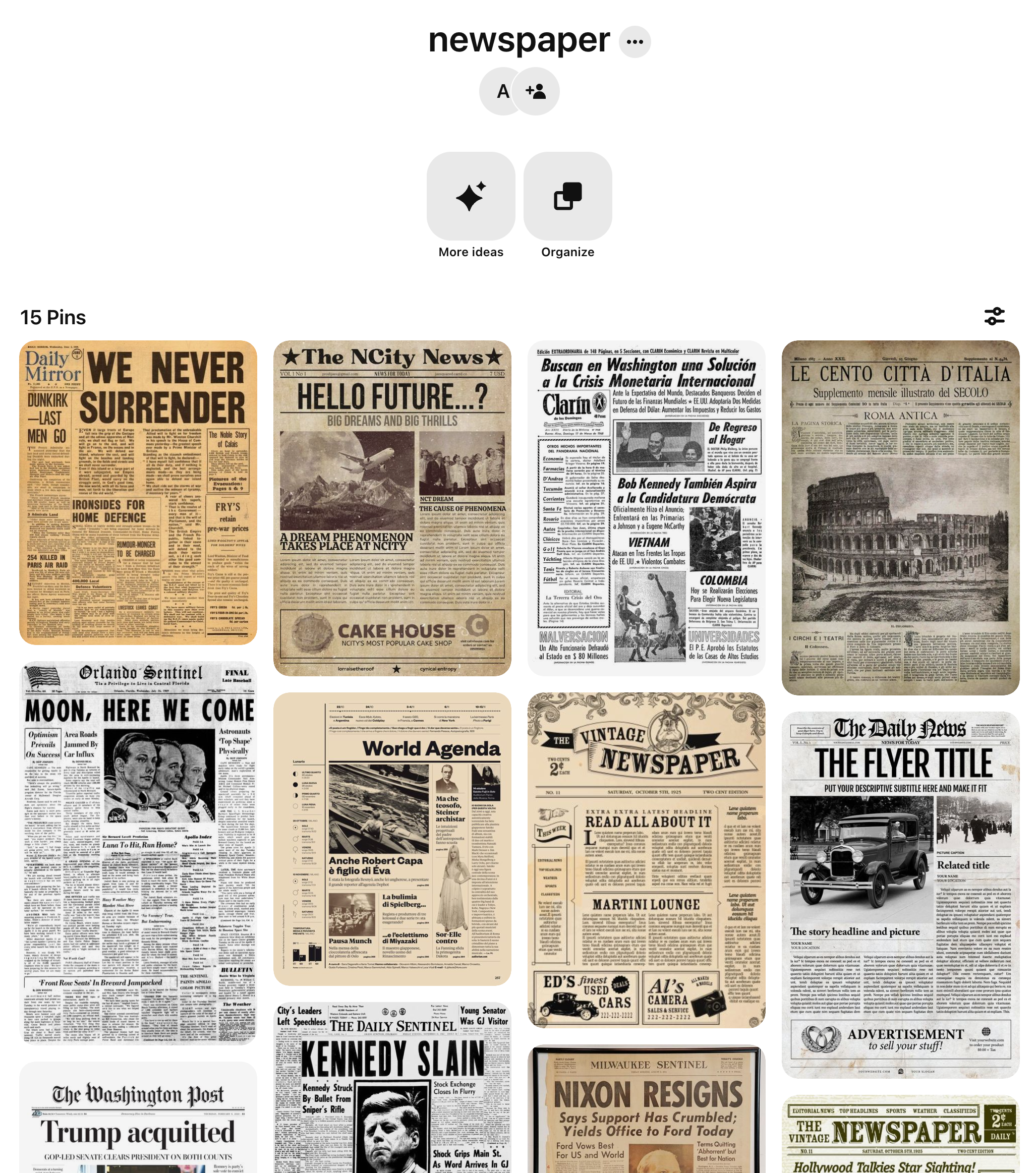 Screenshot of a Pinterest collection of several old-scholl newspaper pictures.